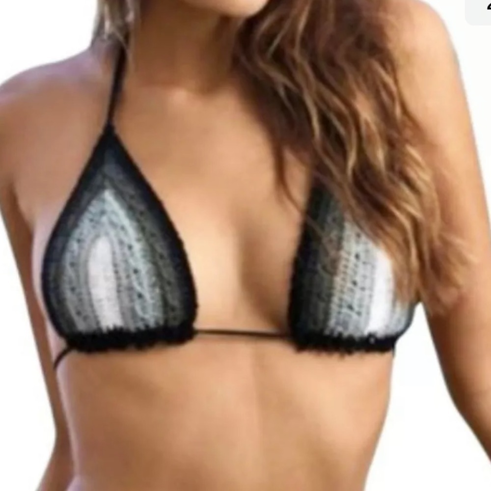 $108 Pilyq Bikini Top Crochet Triangle Medium Self Tie Back Lined Handmade NWT